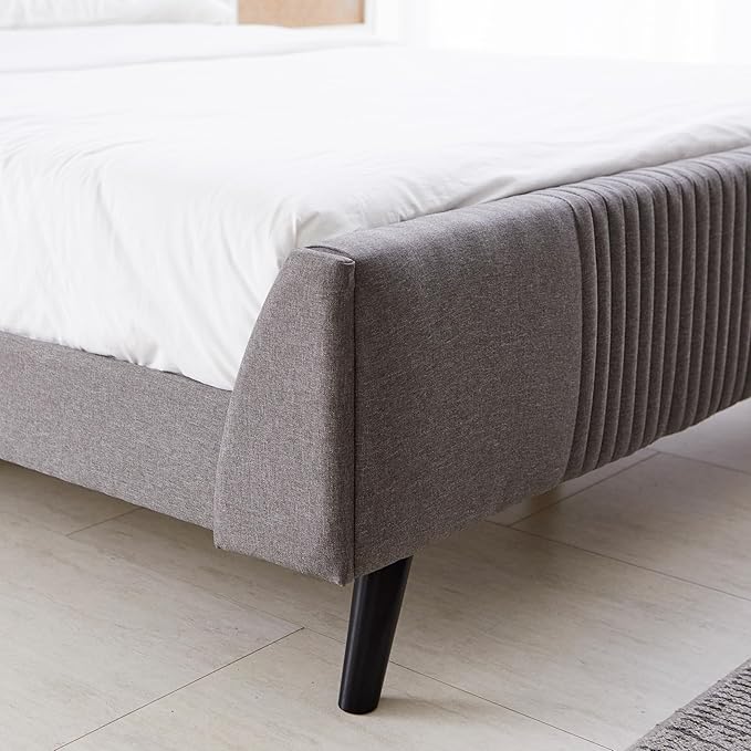 Livinia Sunset King Size Wingback Platform Bed, Fabric Upholstered King Bed Frame with Vertical Channel Tufted Headboard Footboard, Strong Wood Slats, No Box Spring Needed, Gray