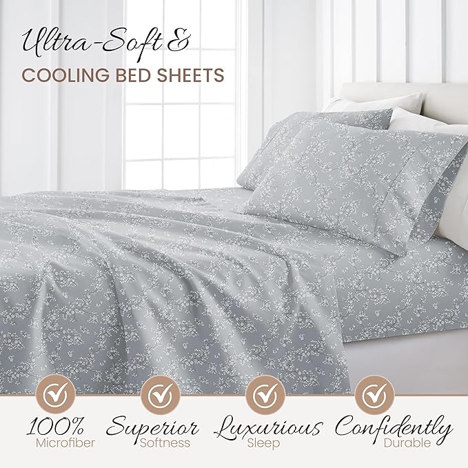 Linen Market Patterned Microfiber King Sheet Set 4 Piece – Oeko-TEX Certified Ultra Soft & Wrinkle-Free - 16" Deep Pocket Sheets - Easy Care King Size - Trellis Vine Light Gray