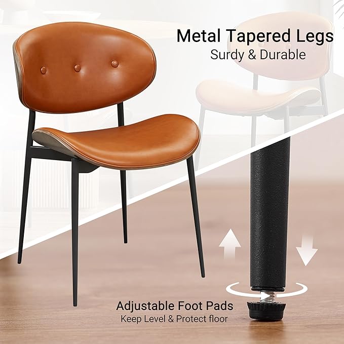 Art Leon Faux Leather Dining Chairs Set of 4, Gray Oak Bentwood, Mid Century Modern Desk Chairs with Metal Legs, Armless Accent Chairs for Living Room Bedroom, Brown