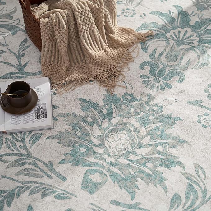 jinchan Torino Floral 8x10 Area Rugs Vintage-Inspired Design Accent Living Room Rug Machine Washable Ultra-Thin Low-Pile Non-Slip Traditional Carpet for Bedroom Dining Room Home Office