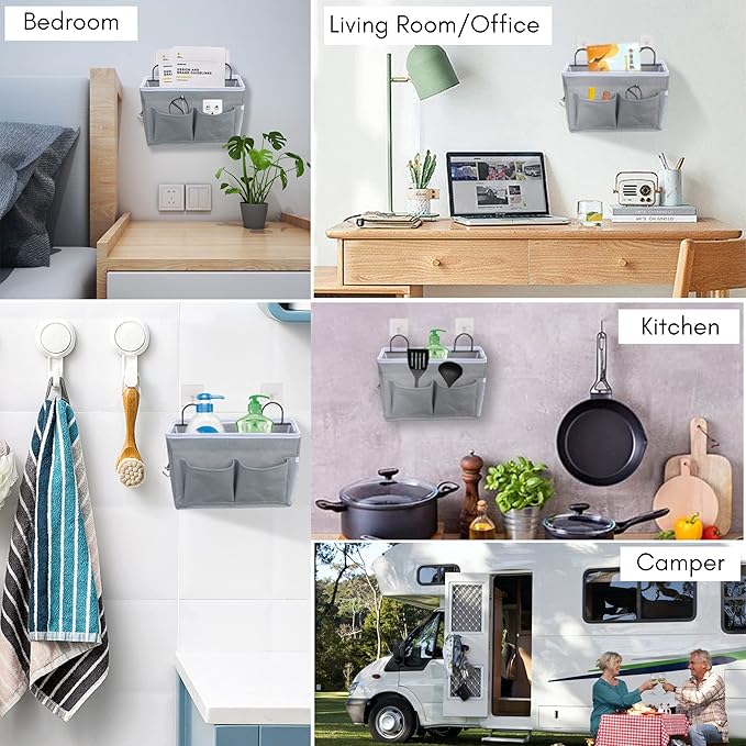 Kanrichu 2pcs Middle Wall Hanging Organizer Bag, Linen Fabric Door Hanging Storage Basket with Pockets, Waterproof Bin for Kitchen, Bedroom, Office, RV Camper (Gray)