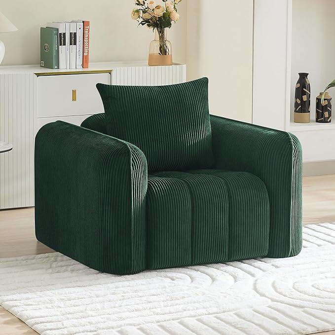 Oversized Boneless Corduroy Accent Chair, Comfy Deep Seat Armchair for Bedroom, Modern Upholstered Living Room Sofa Chair with Pillow, No Assembly, Green