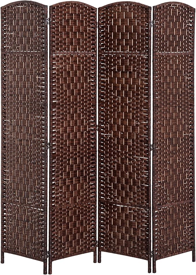 HOMCOM Room Divider, 4 Panel Folding Privacy Screen, 6FT Tall Portable Wicker Weave Partition Wall Divider for Bedroom, Home Office, Brown