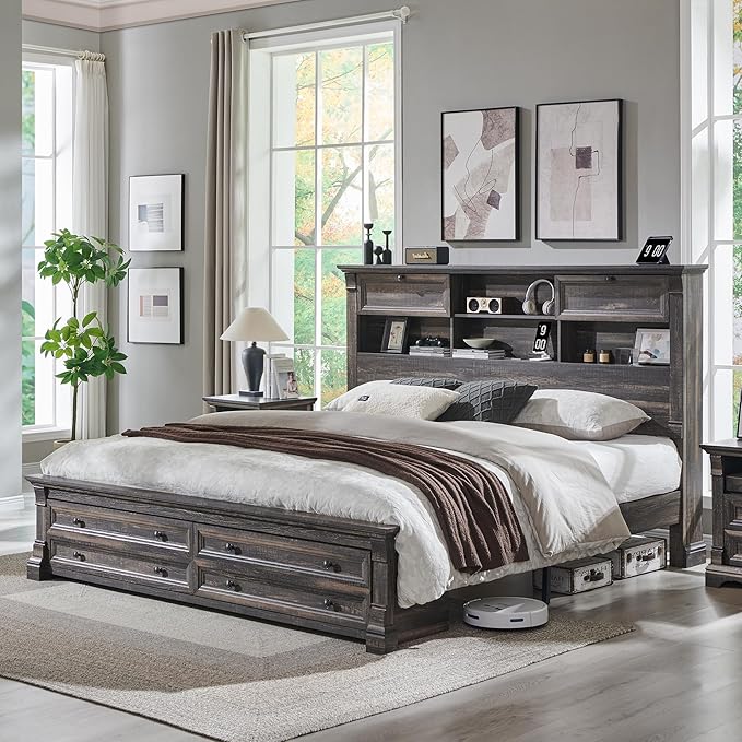 Farmhouse King Size Bed Frame with 54" Tall Storage Bookcase Headboard, Wood Platform Bed Frame with 18" Tall Roman Column Decoration Footboard & 2 Drawers, No Box Spring Needed(Dark Rustic Oak)