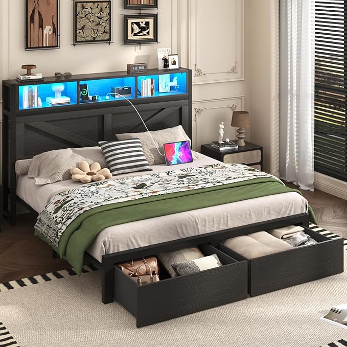 Farmhouse Full Bed Frame with Bookcase Storage Headboard, Charging Station, LED Light and 2 Storage Drawers, Noise Free, No Box Spring Needed, Black