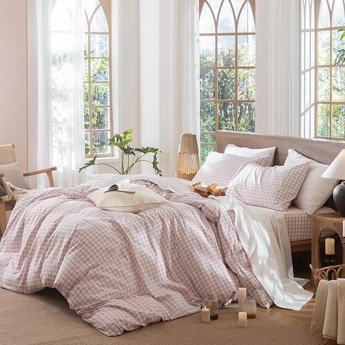 MooMee Gingham Duvet Cover Set 100% Washed Cotton Linen Like Textured Breathable Durable Soft Comfy Modern Checkered Design (Classic Gingham Greyish Pink, Palatial King/Oversized King 120"x98")