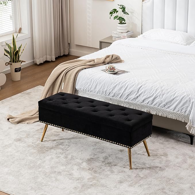 Velvet Storage Bench with Gold Legs& Nailhead Trim, 46" Wide Upholstered Modern Bedroom Bench for End of Bed, Tufted Ottoman for Entryway Living Room Dining Room (Black, 46" Wide)