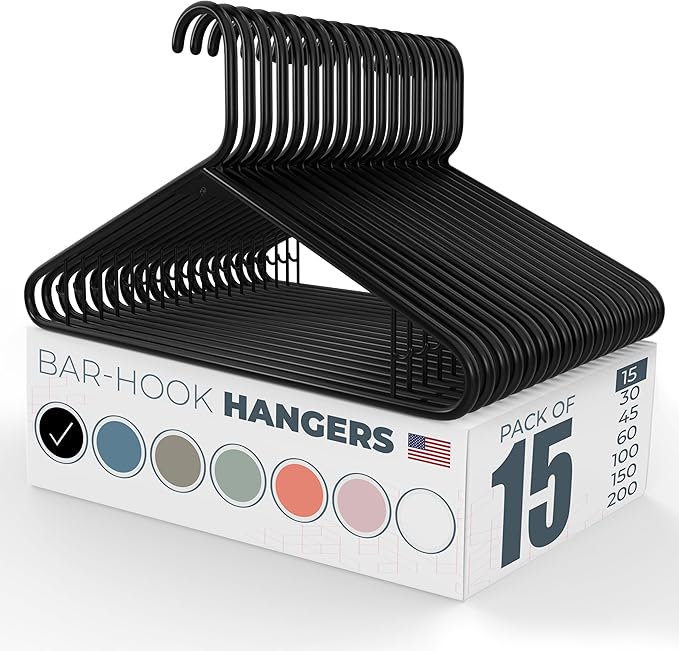 Neaties Plastic Hangers 15 Pack – Made in The USA – 6lb Capacity Standard Clothes Hangers with Strap Hooks for Dresses, Lingerie, Shirts, Pants, and Jackets – Black