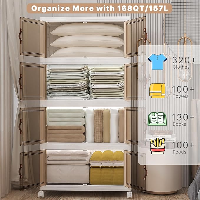 Extra Large Stackable Storage Bins with Lids & Wheels, Foldable Plastic Storage Bins (White, 1344QT-168QT/42GAL*4Pack)