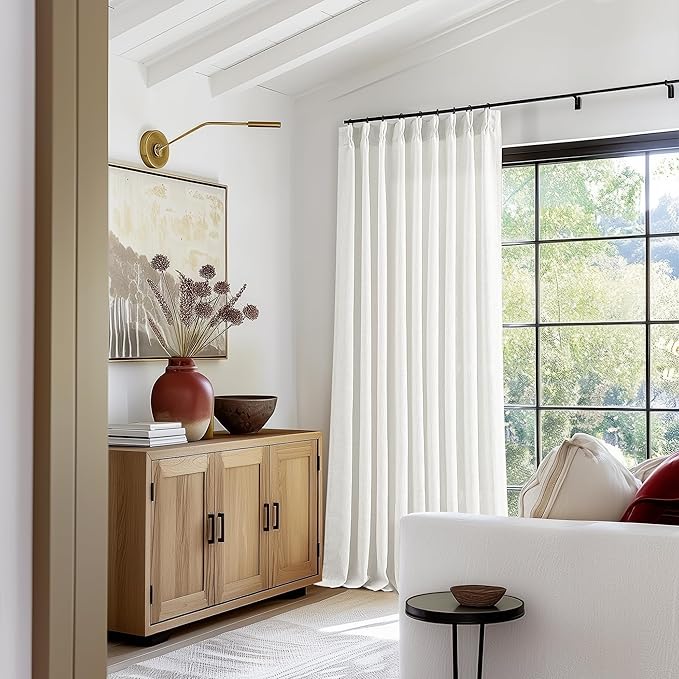 Extra Wide Pinch Pleat Curtains 84 Inches Long for Patio Sliding Glass Door Ivory Linen 60 Inch Wide Curtain Memory Trained Pleated Drapes with Hooks Rings Semi Sheer 60x84 Curtain for Large Window
