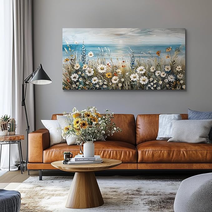 SERIMINO Large Wall Art for Living Room, Coastal Landscape Wall Decor, Beach Daisy Canvas Prints Farmhouse Decor, Wildflowers Bathroom Pictures Home Decor Aesthetic, Dining Room Kitchen Artwork 29"X57"