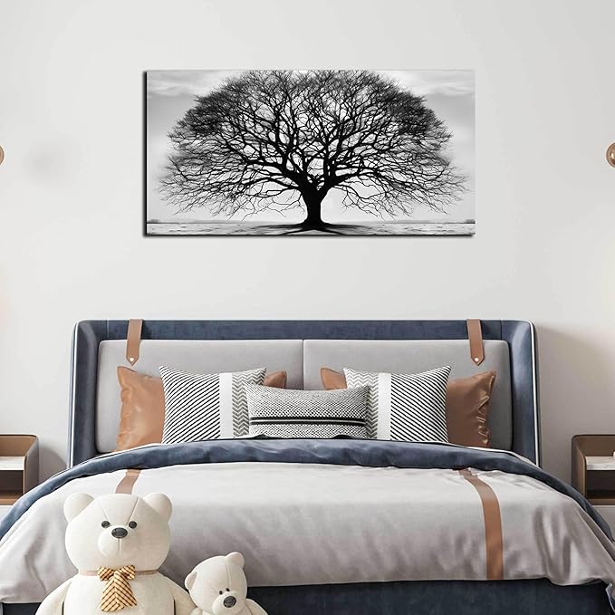 Prepeyssee Tree of Life Wall Art Large Artwork Black and White Wall Art Modern Landscape Nature Canvas Prints Decor for Living Room Bedroom Office Ready to Hang 20"x40"
