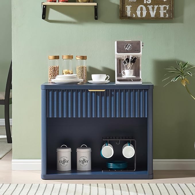 LEYAOYAO 31" Wide Fluted Nightstand with Charging Station, Oversized Extra Large 1 Drawer Night Stand with Golden Handle, Blue Wood Bedside Table Tall End Tables,for Bedroom, Living Room, Hallway
