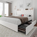 iPormis Full Size Bed Frame with 4 Storage Drawers, Upholstered Platform Bed Frame with Type-C & USB Ports, Wingback Storage Headboard, Solid Wood Slats, No Box Spring Needed, White
