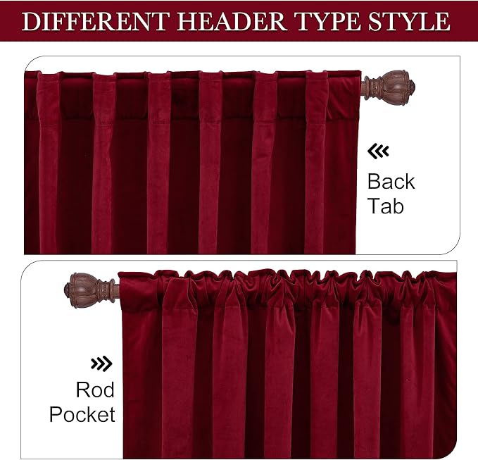 RYB HOME Red Velvet Curtains for Bedroom 90 inches - Light & Heat Block Back Tabs Window Treatment Energy Efficient Privacy Protection Drapes for Farmhouse, Living Room, Ruby Red, W52 x L90, 2 Panels