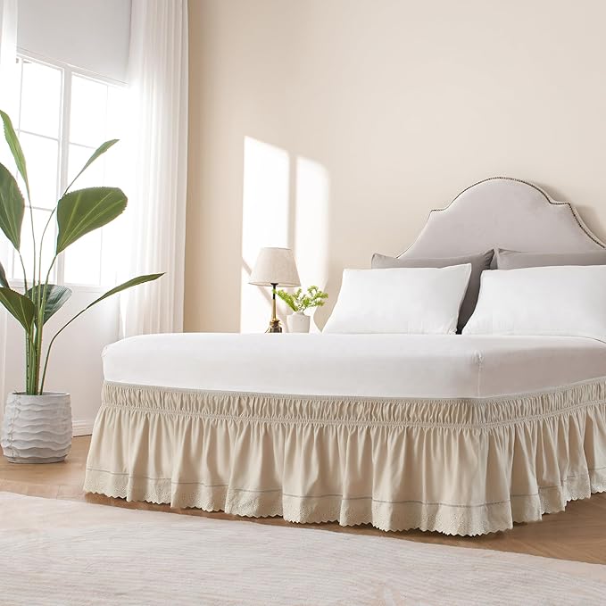 MIYE Wrap Around Ruffled Lace Bed Skirt, Elastic Dust Ruffle with Adjustable Belts, Easy to Put On, Bed Frame Cover, Machine Washable (Embroidered/Beige, King/Queen-18 Drop)