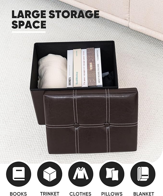 B FSOBEIIALEO Folding Storage Ottoman Cube, Faux Leather Footrest Seat Coffee Table, Brown 16.5"x12.6"x12.6"