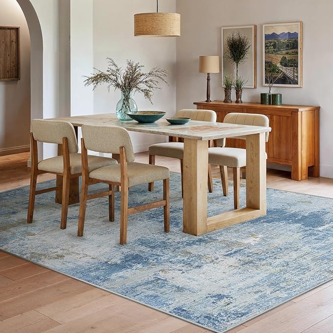 6x9 Area Rugs for Living Room, Modern Abstract Washable Rug with Non-Slip Backing & Low Pile Indoor Carpet for Nursery Room, Bedroom and Dinning Room, Light Blue