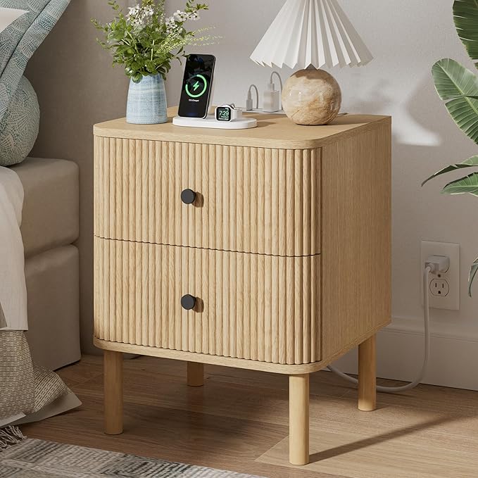 Night Stand with Charging Station, 18" Fluted Nightstand with Rounded Corners & Solid Wood Legs, 2 Drawers End Table with Storage, Mid Century Modern Bedside Table for Bedroom, Natural Oak