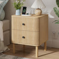 Night Stand with Charging Station, 18" Fluted Nightstand with Rounded Corners & Solid Wood Legs, 2 Drawers End Table with Storage, Mid Century Modern Bedside Table for Bedroom, Natural Oak