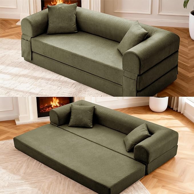 Convertible Sleeper Sofa Bed,78.5 Inch Faux Leather Futon Couch with Pillows & Storage Pocket,5-in-1 Folding Sofa Bed Queen with Pull Out Beds,Boneless Couches for Living Room,Couch in a Box,Green
