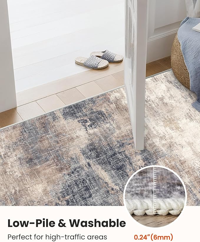 6x9 Area Rugs for Living Room, Modern Abstract Washable Rug with Non-Slip Backing & Low Pile Indoor Carpet for Nursery Room, Bedroom and Dinning Room, Brown