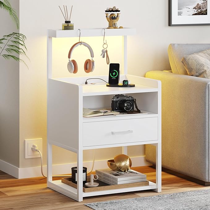 VIAGDO Nightstand Set of 2 with Charging Station and LED Lights, White Night Stand with Drawer, Modern End Side Table with Open Storage Shelves, Bedside Tables for Bedroom, Office