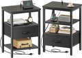 SUPERJARE Nightstand Set of 2, Bed Side Tables with Charging Station, Adjustable Fabric Drawer, Night Stand for Bedroom, 3-Tier Storage End Tables, Black