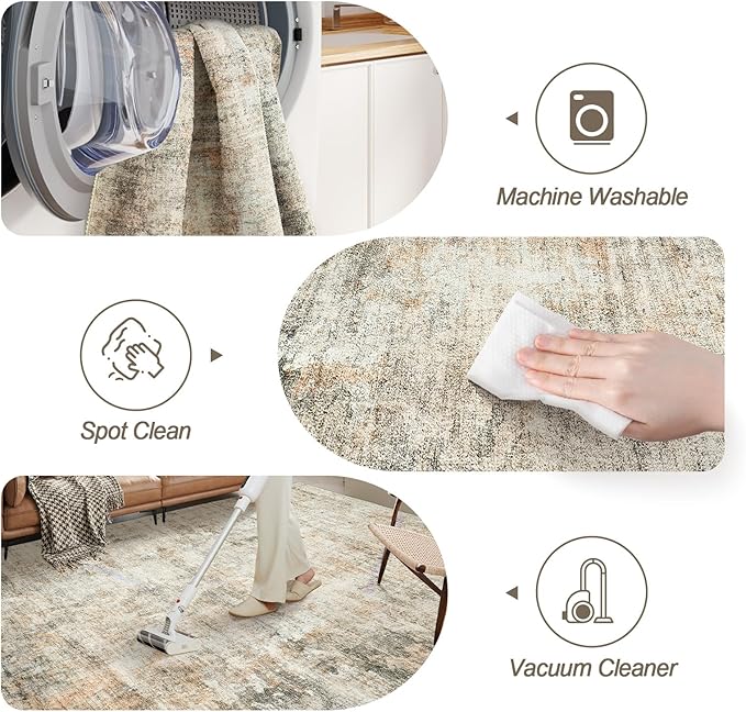 6x9 Abstract Area Rugs for Living Room 6 x 9 Washable Non Slip Low Pile Rugs for Bedroom Dining Room Foldable Thin Brown Grey