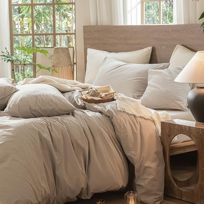 MooMee Wavy Striped Duvet Cover Set 100% Washed Cotton Linen Like Textured Breathable Durable Soft Comfy (Beige, Palatial King/Oversized King 120"x98")