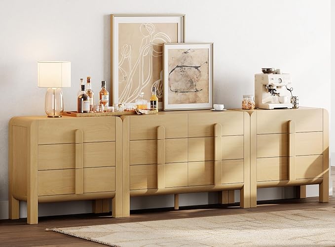 WAMPAT 3 Piece Bedroom Dresser Set, 110.2" Wide Mid Century Modern Chest of Drawers with Curved Handles, Dresser TV Stand with 12 Drawers, Wood Drawer Organizer for Bedroom, Oak