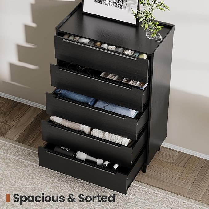 48" Tall Black Dresser for Bedroom, Modern 5 Drawer Chest of Drawers with Wood Grain Finish, Slim Vertical Storage Cabinet with Raised Edge Top, Anti-Tip Kit