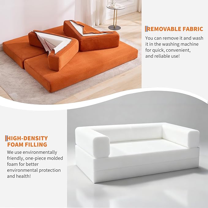 Garvee 5-in-1 Convertible Sofa Bed, 78.8" Modular Corduroy Sleeper with Sturdy Frame & No Assembly, Multi-Functional Futon for Small Space, Living Room & Guest Room (Orange)