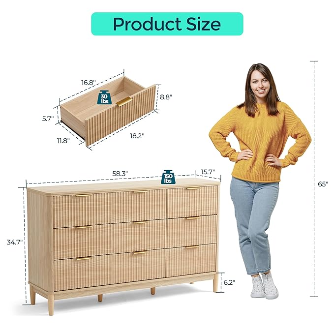 LINSY Fluted Dresser for Bedroom with 9 Drawers, Mid Century Modern Chest of Drawers with Gold Metal Handles, Wide Boho Wood Dressers, Large Farmhouse Storage Cabinet for Bedroom, Living Room, Oak