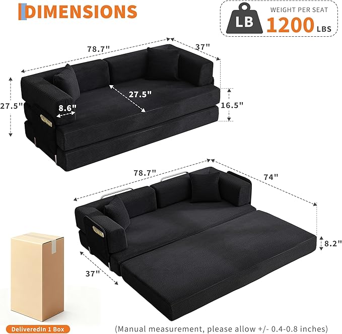Garvee 5-in-1 Convertible Sofa Bed, 78.8" Modular Corduroy Sleeper with Sturdy Frame & No Assembly, Multi-Functional Futon for Small Space, Living Room & Guest Room (Black)