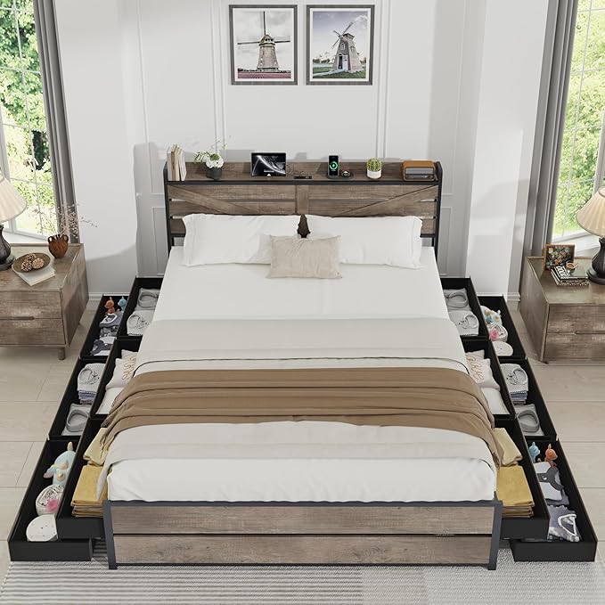 King Size Wooden Bed Frame with 12 Storage Drawers and Headboard, Farmhouse Platform Bed Frame with Charging Station, No Box Spring Needed, Stable and Solid, Noise Free. (Oak, King)