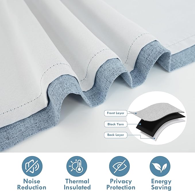 DriftAway Double Layer Linen Blackout Tie Up Curtains Thermal Insulated Fully Lined Balloon Roman Shade Bathroom Window Adjustable Rod Pocket for Small Window 25 Inch by 47 Inch Dusty Blue