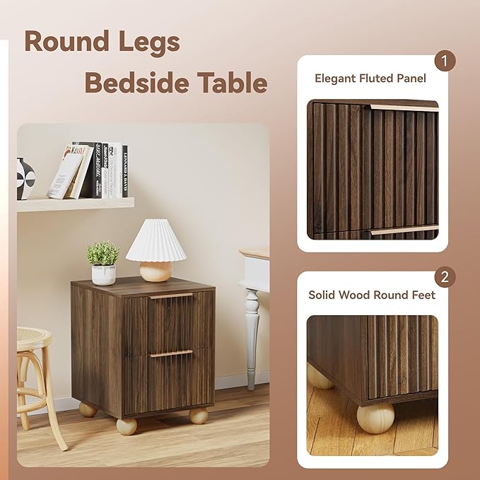 Fluted Nightstand, Walnut Finish Bedside Table with Spacious Storage Drawers, Night Stand with Solid Wood Round Legs for Bedroom, End Table, Side Table