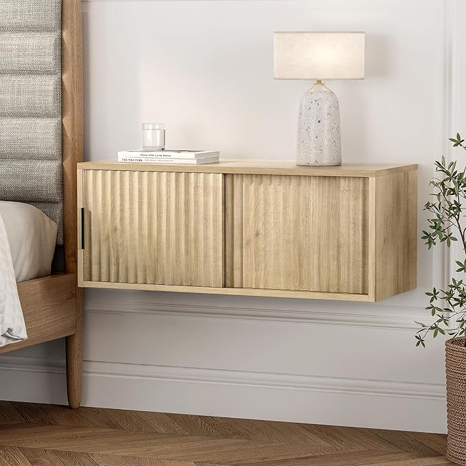 Large Wall Nightstand with Sliding Doors, Modern Fluted Night Stand Storage Shelf Wall Mounted Bedside Tables for Bedroom, Study Room Light Oak