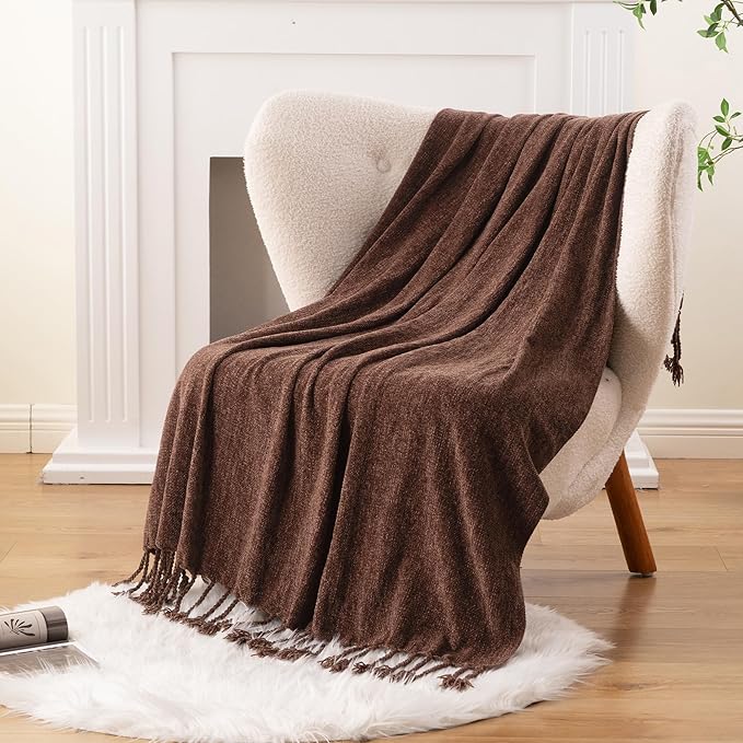 BATTILO HOME Brown Throw Blanket for Couch, Bed, Sofa - Soft Cozy Chenille Throw with Fringe Tassels, Lightweight Chocolate Brown Knitted Throw for Home Decor, 50"x60"