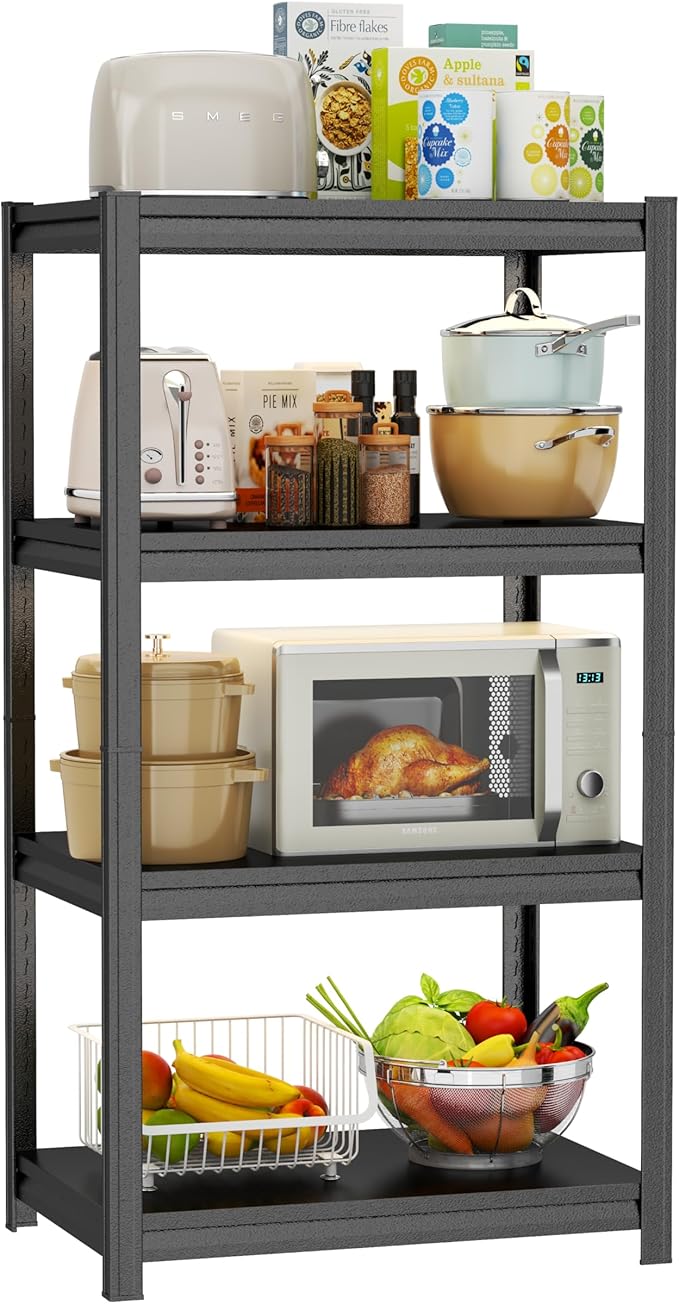Storage Shelves, Garage Metal Shelving Unit, Adjustable, Double-Layer Column with Reinforced Ribs, Heavy-Duty, Capable of Bearing 600-3600 lbs (Black, 24 * 14 * 59, 4-Tier)