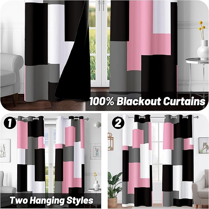 Pink 100% Blackout Curtains for Bedroom 72 inch Length 2 Panels Set Grey Modern Abstract Geometric Black Out Curtains Thermal Insulated Room Darkening Window Drapes for Living Room, 42Wx72L