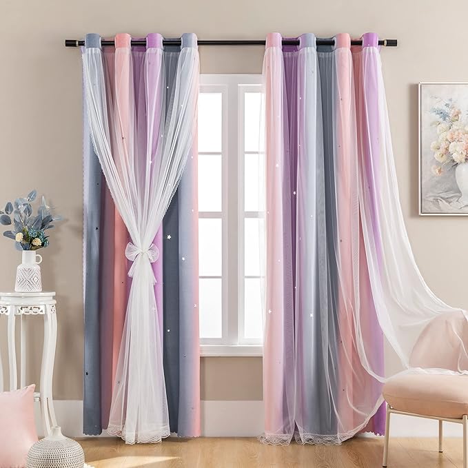 XiDi Curtains for Bedroom Decor, Rainbow GreyPinkPu-34-45