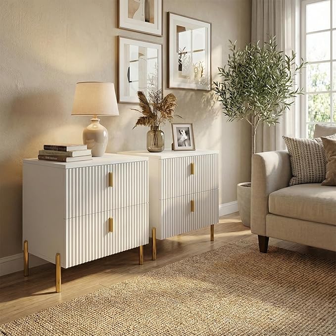 Luxury Fluted Night Stand Set of 2, Nightstand with 2 Drawers, Modern Bedside Table with Golden Legs and Handles, End Tables for Living Room Bedroom, White