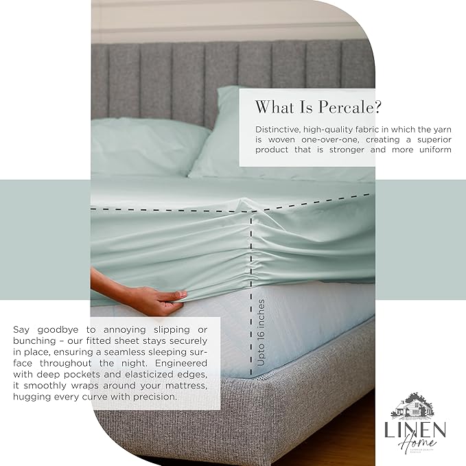 Linen Home 100% Cotton Percale Sheets Twin Size, Pastel Turk, Deep Pocket, 3 Pieces Set - 1 Flat, 1 Deep Pocket Fitted Sheet and 1 Pillowcase, Crisp Cool and Strong Bed Linen