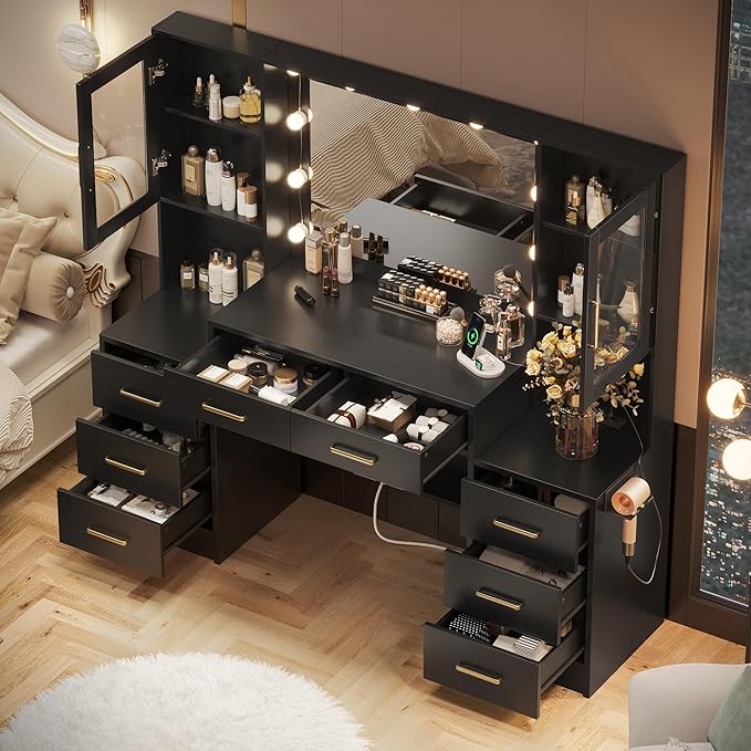 Black Vanity Desk with Mirror, Lights & Charging Station, 58.3" 3 Lighting Modes Makeup Desk with 8 Drawers, 2 Cabinets and Lots Storage, Dressing Table Vanity Set with Lighted Mirror