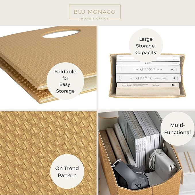 BLU MONACO | Gold Magazine Holder | Woven PVC Leather Organizer with MDF Frame | Floor or Table Storage for Home Office Bathroom | Large Capacity Vertical File Basket