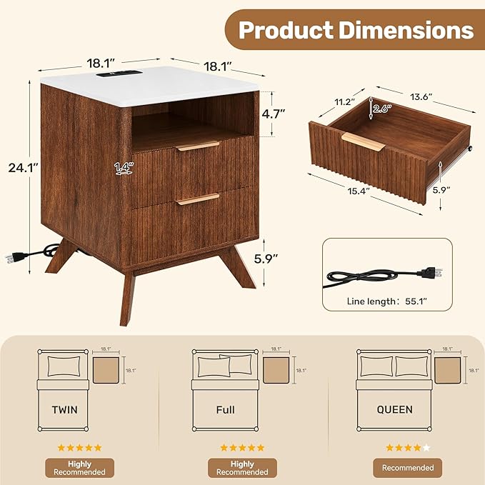 Modern Nightstand Set of 2, Side Table with Charging Station,Bedside Tables with Drawer, Mid-Century End Tables for Bedroom, Sturdy Storage Side Tables,Walnut