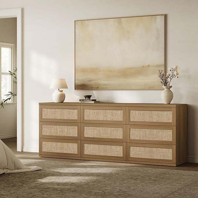 SICOTAS Dresser for Bedroom - 75" Wide 9 Drawer Dresser Rattan Dressers & Chests of Drawers Boho Drawers for Bedroom Bedside Table Clothes Long Closet Storage for Closet Hallway Entryway