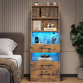 VIAGDO Tall Nightstand with Charging Station and LED Lights, Rustic Brown Night Stand with Bookshelf, Modern LED Bedside Table with 3 Drawers and Storage Shelves, End Side Table for Bedrooms, Dorms